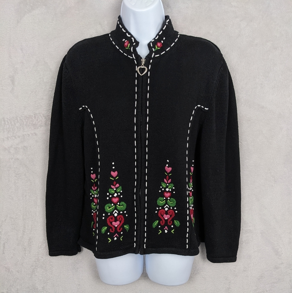 Orvis Zip Up Cardigan Sweater Women XL Black Embroidery Heart Heavy Grandmacore